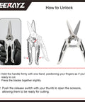 8 Inch Heavy Duty All Purpose Scissors with Protective Sheath and Magnetic Holder shown in open position with instructions for unlocking.