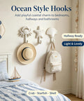 Heavy Duty Cast Iron Coastal Wall Hooks Set of 3 Legit Retro Charm Slick Starfish Crab and Seashell Wall Grips for Bathroom or Bedroom with hat and bag