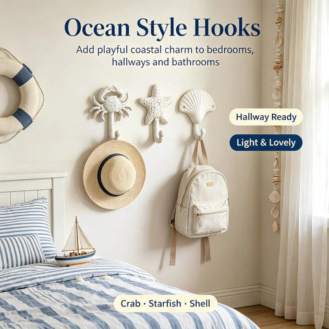 Heavy Duty Cast Iron Coastal Wall Hooks Set of 3 Legit Retro Charm Slick Starfish Crab and Seashell Wall Grips for Bathroom or Bedroom with hat and bag
