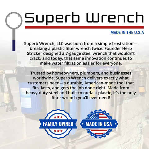 Heavy Duty Metal Water Filter Housing Wrench Built To Last 4.8 Inch Inside Diameter Fits Pentek 150295 American Plumber 152037 Culligan HF Series US Water 2.5x10 and 20 Inch Housings background image with text about Superb Wrench made in USA.