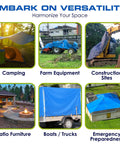 Collage of 20X25 Waterproof Multi Purpose Blue Tarpaulin Tarp For Cars Boats Campers And Outdoor Shelter in various uses
