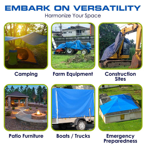 Collage of 20X25 Waterproof Multi Purpose Blue Tarpaulin Tarp For Cars Boats Campers And Outdoor Shelter in various uses