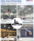 UFO LED High Bay Light 150W 21,700 Lumens used in warehouses, gyms, workshops, and parking lots for energy-efficient lighting