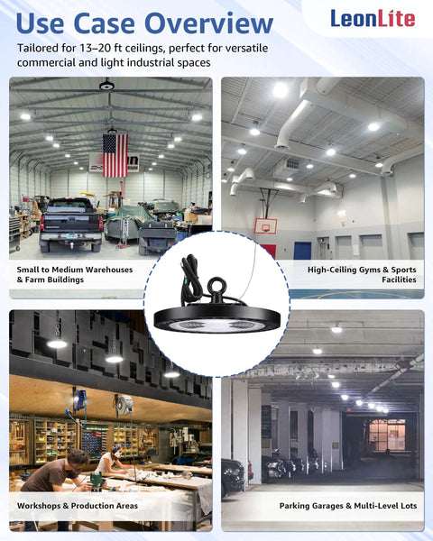 UFO LED High Bay Light 150W 21,700 Lumens used in warehouses, gyms, workshops, and parking lots for energy-efficient lighting