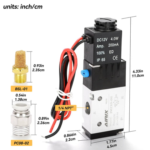 Three Way Pneumatic Solenoid Valve Model 3V210-08, DC 12V, Two Position, One Quarter Inch NPT Pilot Operated with fittings