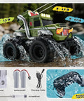 3 In 1 Amphibious RC Car Boat Water Gun with 2.4GHz Remote showcasing size dimensions and waterproof controller.