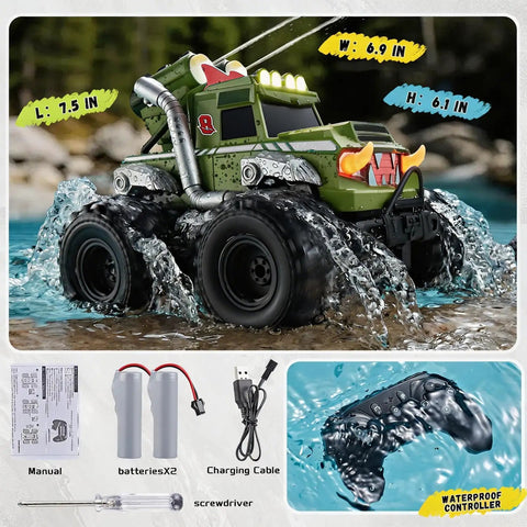 3 In 1 Amphibious RC Car Boat Water Gun with 2.4GHz Remote showcasing size dimensions and waterproof controller.