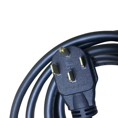 Heavy Duty Type Two To Type One EV Charging Cable Sixteen Feet Long SAE J1772 Adapter plug and cable close-up image.