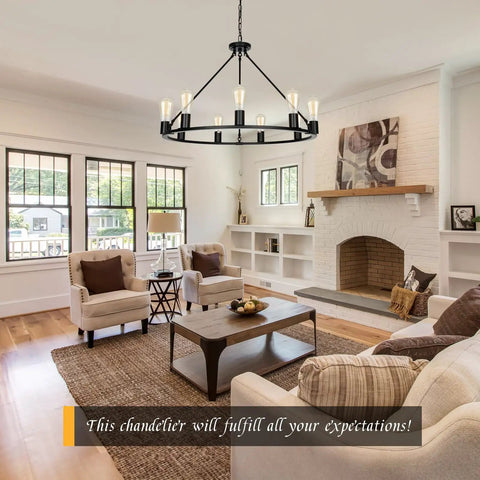Black Wagon Wheel Chandelier Total Showstopper Lighting Fixtures in matte black above a cozy living room setting.