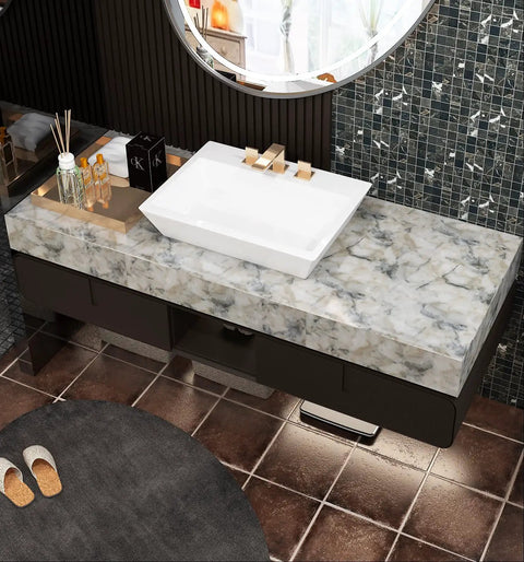Bathroom vanity with Blue Marble Waterproof Countertop Contact Paper 24x197 Inch Peel And Stick Vinyl Wrap, seamless installation
