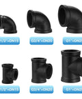 10 Pack Three Quarters Inch Black Pipe Fittings Elbow And Tee Set For Industrial Diy Steampunk Decor And Shelving Projects Cast Iron Threaded Hardware Great For Diy Rugged Industrial Home Decor And Shelving Units. Black cast iron elbow and tee fittings in various sizes on white background.