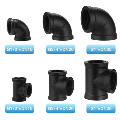 10 Pack Three Quarters Inch Black Pipe Fittings Elbow And Tee Set For Industrial Diy Steampunk Decor And Shelving Projects Cast Iron Threaded Hardware Great For Diy Rugged Industrial Home Decor And Shelving Units. Black cast iron elbow and tee fittings in various sizes on white background.