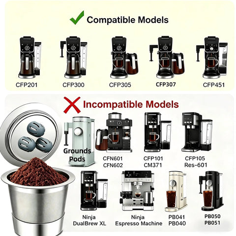 Stainless Steel Reusable K Cups 2 Pack showing compatible coffee maker models CFP201, CFP300, CFP305, CFP307, CFP451.