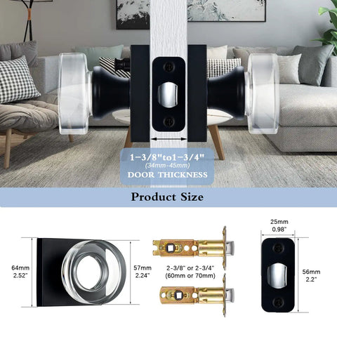 Matte Black Glass Privacy Door Knob With Lock For Bathroom And Bedroom Vintage Crystal Interior Handle Easy Install Kit Emergency Release Keyless Yet Locking Privacy Knob For Home, showing product size and door thickness compatibility