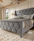 Top Shelf King Size Platform Bed Frame With 56 Inch Velvet Wingback Headboard In Deep Gray Rock Solid Steel Base Holds 1000 Lbs Smooth As Butter For Zero Creak Sleep, shown in stylish bedroom setting.