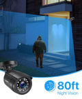 Four Pack 1080P HD TVI Wired Security Cameras Featuring Spot On Clarity And Rugged Weatherproof Bullets Quick No Sweat Installation To Watch Over Your Property Indoors Or Outdoors For Top Shelf Coverage. Night vision camera monitoring a person near a house.