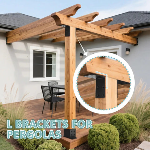 Beefy Heavy Duty L Corner Brackets 6x6 Inch 2 Pack Black Steel Shelf Supports used in a wooden pergola construction