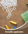 Ultra Thin Stainless Steel Flat Washers Set, 8x14x0.1mm Spindle Shims, 100 Pcs, close-up on wooden table with electronics