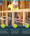 Construction worker installing three quarter inch white PEX-B pipe tubing, 300 feet, flexible for plumbing hot and cold use.