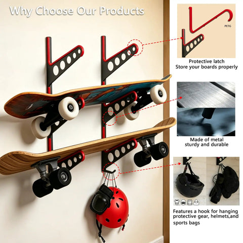 Heavy Duty Steel Skateboard Rack Wall Mount With Grippy Bottom Hook Slots For Triple Deck Longboard Snowboard And Ski Display shows three boards and helmets.