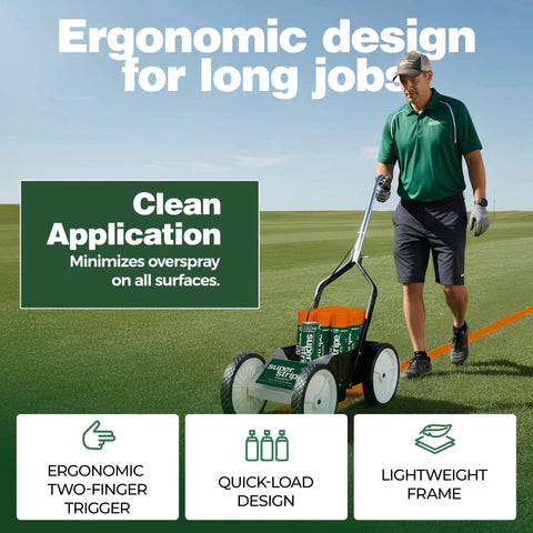 Game Day Ready Athletic Field Line Marking Paint Kit Including Twelve Cans Of Bright Orange Coating Matched With A Straight Shot Striping Machine in use.