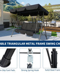 Three Person Outdoor Patio Swing Chair With Adjustable Canopy Shade Removable Sun Shade For Backyard Deck Porch Cozy Three Seater Swing Seat With Tilt Canopy For All Day Comfort And Relaxation showing sturdy metal frame
