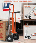 Heavy Duty Aluminum Three In One Convertible Hand Truck With Smooth Rolling Caster Wheels, Zero Hassle Assembly Folding Moving Dolly Cart, Eight Hundred Pound Load Limit Orange Finish That Makes Heavy Hauls Feel Like Child Play beside cardboard boxes showing tilted and flat positions.