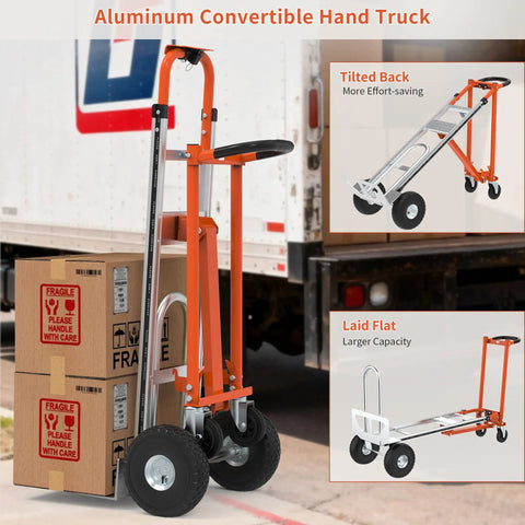 Heavy Duty Aluminum Three In One Convertible Hand Truck With Smooth Rolling Caster Wheels, Zero Hassle Assembly Folding Moving Dolly Cart, Eight Hundred Pound Load Limit Orange Finish That Makes Heavy Hauls Feel Like Child Play beside cardboard boxes showing tilted and flat positions.