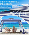 8x8 Beach Cabana With Side Wall Sun Shelter showcasing ventilation and navy stripes on a beach