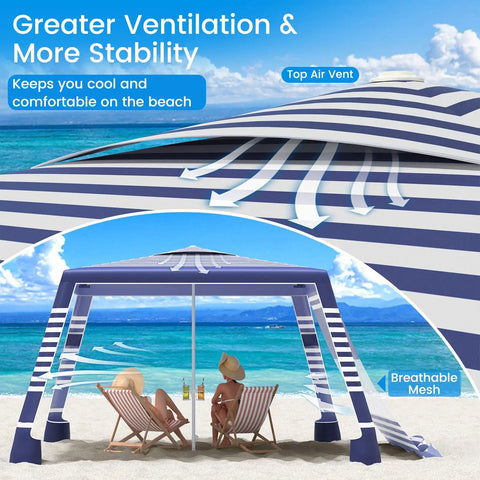 8x8 Beach Cabana With Side Wall Sun Shelter showcasing ventilation and navy stripes on a beach