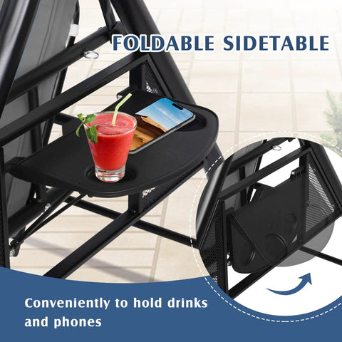 Foldable side table of the 3 Seat Outdoor Porch Swing With Adjustable Canopy And Convertible Bed For Easy Day To Night Lounging