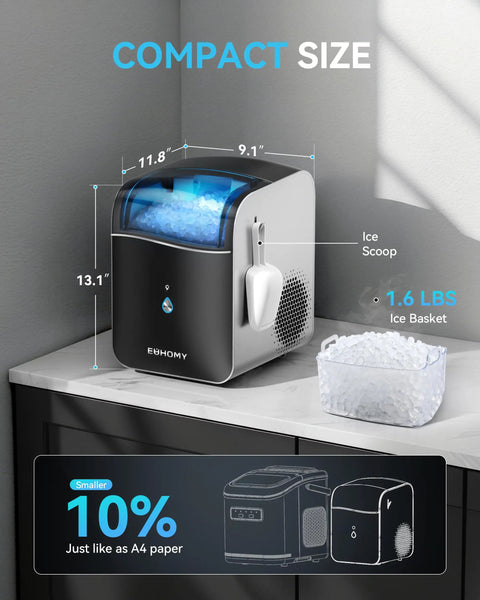 Compact countertop nugget ice maker with app control and self cleaning, ready in 7 minutes, shown on kitchen counter