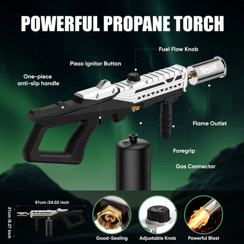 Powerful Propane Torch Gun For Kitchen And BBQ With Adjustable Flame CSA Certified High Heat Up To 2462 Fahrenheit shown with features identified