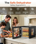 Family using Heavy Duty Electric Food Dehydrator Featuring Ten Stainless Steel Trays And Ten Smart Presets on kitchen counter.
