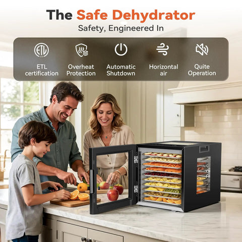 Family using Heavy Duty Electric Food Dehydrator Featuring Ten Stainless Steel Trays And Ten Smart Presets on kitchen counter.