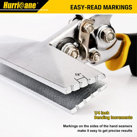 Hurricane 6-inch sheet metal hand seamer with yellow/black TyreGrip handle and 1/4-inch increments (close-up)