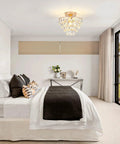 Lit Gold Crystal Chandelier Mini Ceiling Light Modern Flush Mount With Raindrop Crystals for Bedroom Over Bed E26 Base