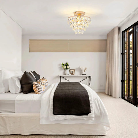 Lit Gold Crystal Chandelier Mini Ceiling Light Modern Flush Mount With Raindrop Crystals for Bedroom Over Bed E26 Base
