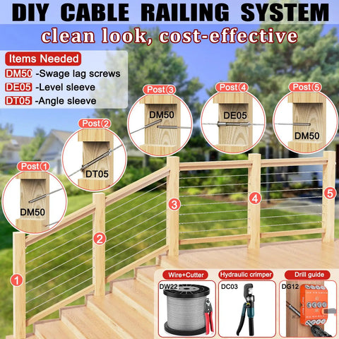 DIY cable railing system with Marine Grade Stainless Steel Cable For Deck Railing And Fence Systems, 220 Feet Long.