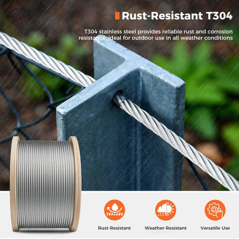 3/16 Inch 500 Ft Stainless Steel Wire Rope 304 7x19 for Deck Cable Railing Balustrades Highlighting T304 Rust Resistance