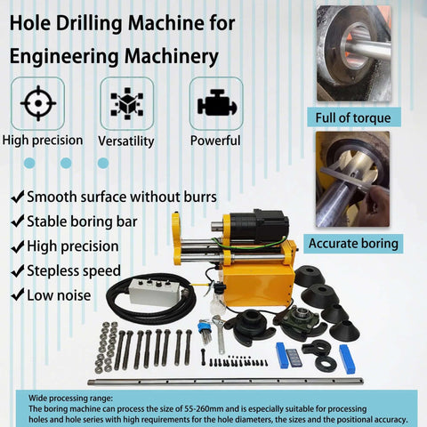 Front view of HayWHNKN portable precision boring machine with 150 cm bar and accessories