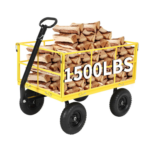 Heavy Duty 1500 Lbs Mesh Steel Garden Cart With Folding Utility Wagon loaded with firewood, featuring removable sides and all terrain wheels.