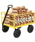 Heavy Duty Steel Garden Cart Wagon 1500 Lb Capacity with firewood, 3 In 1 Utility Yard Trailer, Removable Mesh Sides, 13 Inch Wheels