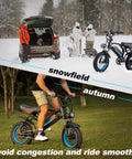 Dope Fat Tire Electric Mountain Bike With 800W Peak Motor 20 MPH Top Speed Removable Battery Front Fork Suspension 16 Inch Teens Ebike Wider Seat For All Day Comfort Up To 35 Mile Range For Leisure Riding And Commuting, shown in snow and autumn riding scenes