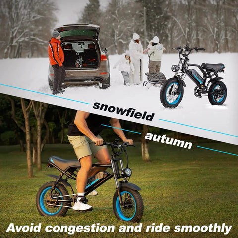 Dope Fat Tire Electric Mountain Bike With 800W Peak Motor 20 MPH Top Speed Removable Battery Front Fork Suspension 16 Inch Teens Ebike Wider Seat For All Day Comfort Up To 35 Mile Range For Leisure Riding And Commuting, shown in snow and autumn riding scenes