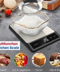 Digital Kitchen Scale For Cooking And Baking With 11lb Capacity Tare Function And LCD Display Stainless Steel Platform Six Unit Conversions G Kg Lb Oz Ml Milk Ml Super Handy For Meal Prep And Portion Control Batteries Included showing flour in a bowl on the scale with a sifter.