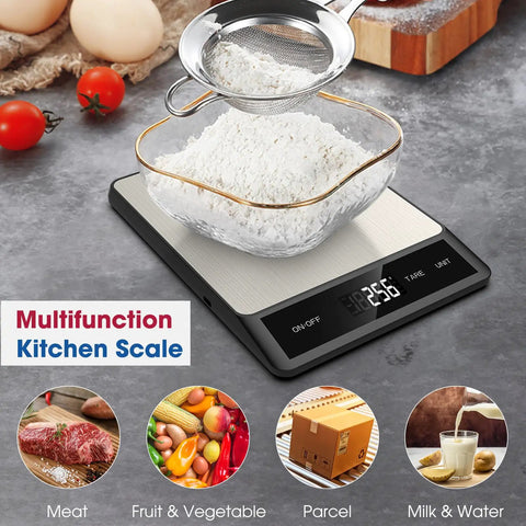 Digital Kitchen Scale For Cooking And Baking With 11lb Capacity Tare Function And LCD Display Stainless Steel Platform Six Unit Conversions G Kg Lb Oz Ml Milk Ml Super Handy For Meal Prep And Portion Control Batteries Included showing flour in a bowl on the scale with a sifter.