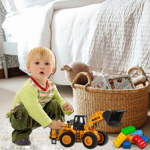 Toddler playing with Large Wheeled Loader Heavy Duty Construction Metal Bulldozer Toy For Kids Outdoor Sandbox Car Toys