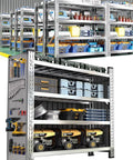 Rock Solid Garage Shelving Heavy Duty Storage Rack With Pegboard Tool Organizer Adjustable Steel Shelves Industrial Workbench For Basement Big Time Shelving Rack with tools and storage bins arranged.