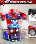 One Button Transform RC Car That Switches To Rad Robotic Mode Two Point Four Ghz Remote 360 Degree Spin And Drift Police Car With Lights One Eighteen Scale Transform Toy For Boys And Girls Ages Six To Twelve showcasing robotic mode indoors.